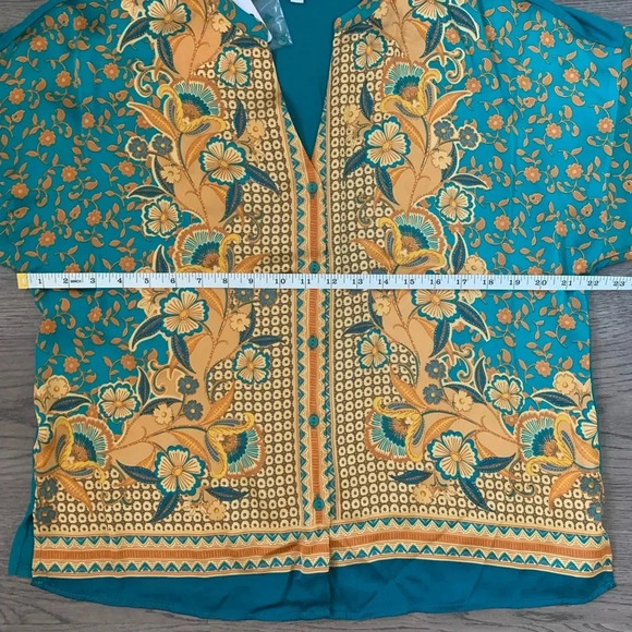 DR2 by Daniel Rainn Boho Floral Print Blouse Size L - Teal/Mustard Yellow - NWT - Picture 6 of 9